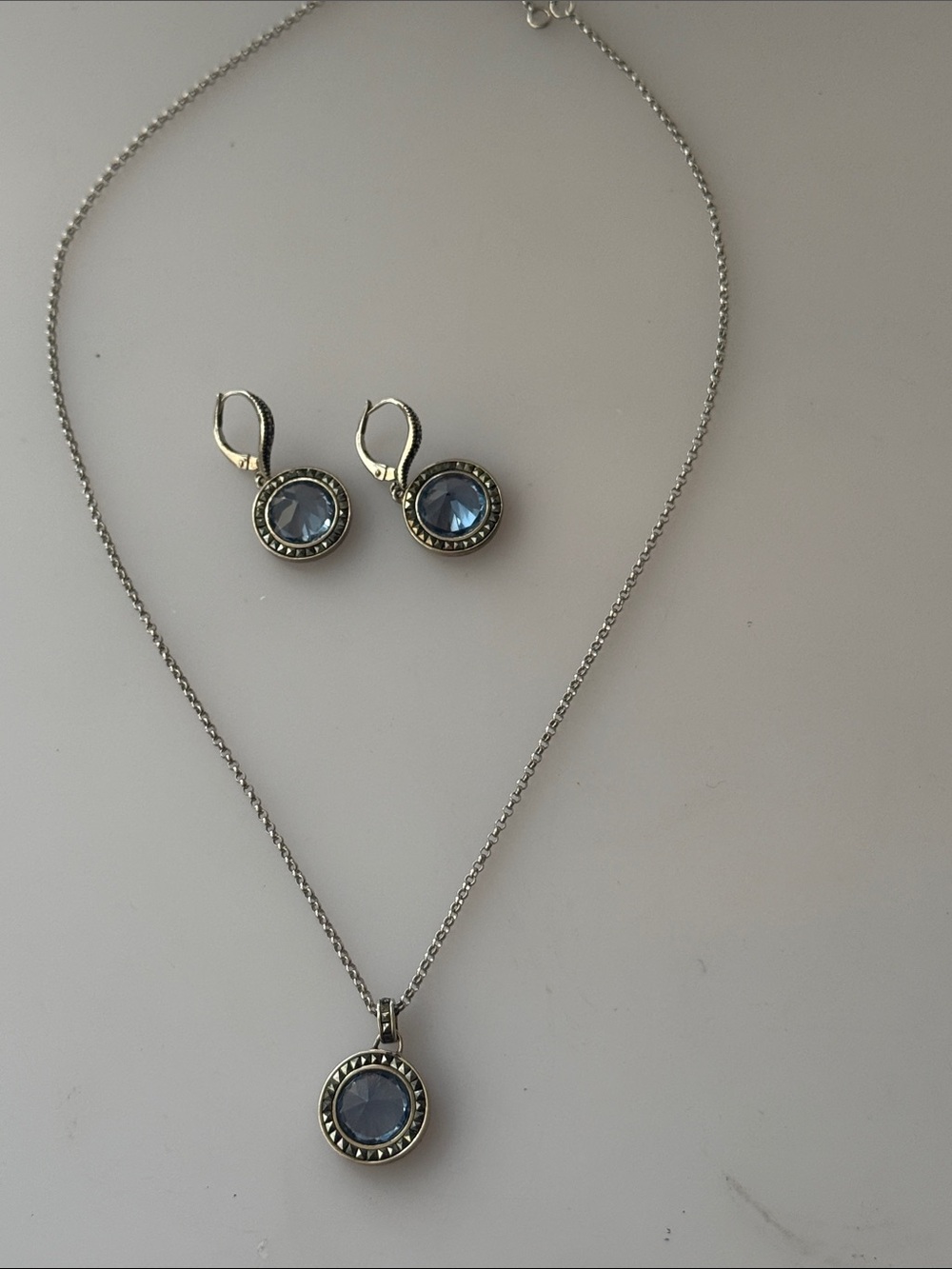 Judith Jack 925 Marcasite Blue Crystal Necklace and Earrings Set